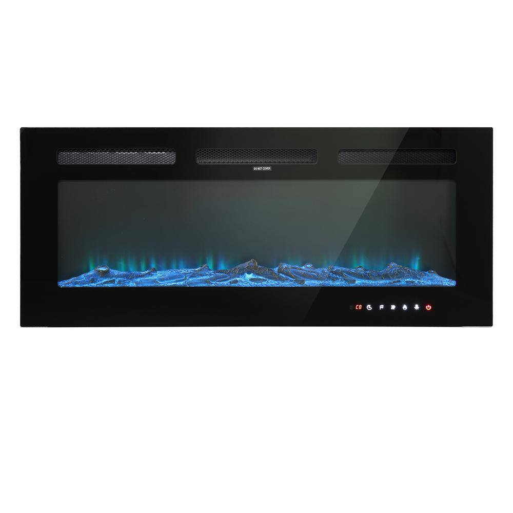 Black 42 in. Wall Mounted Recessed Electric Fireplace with Logs and Crystal