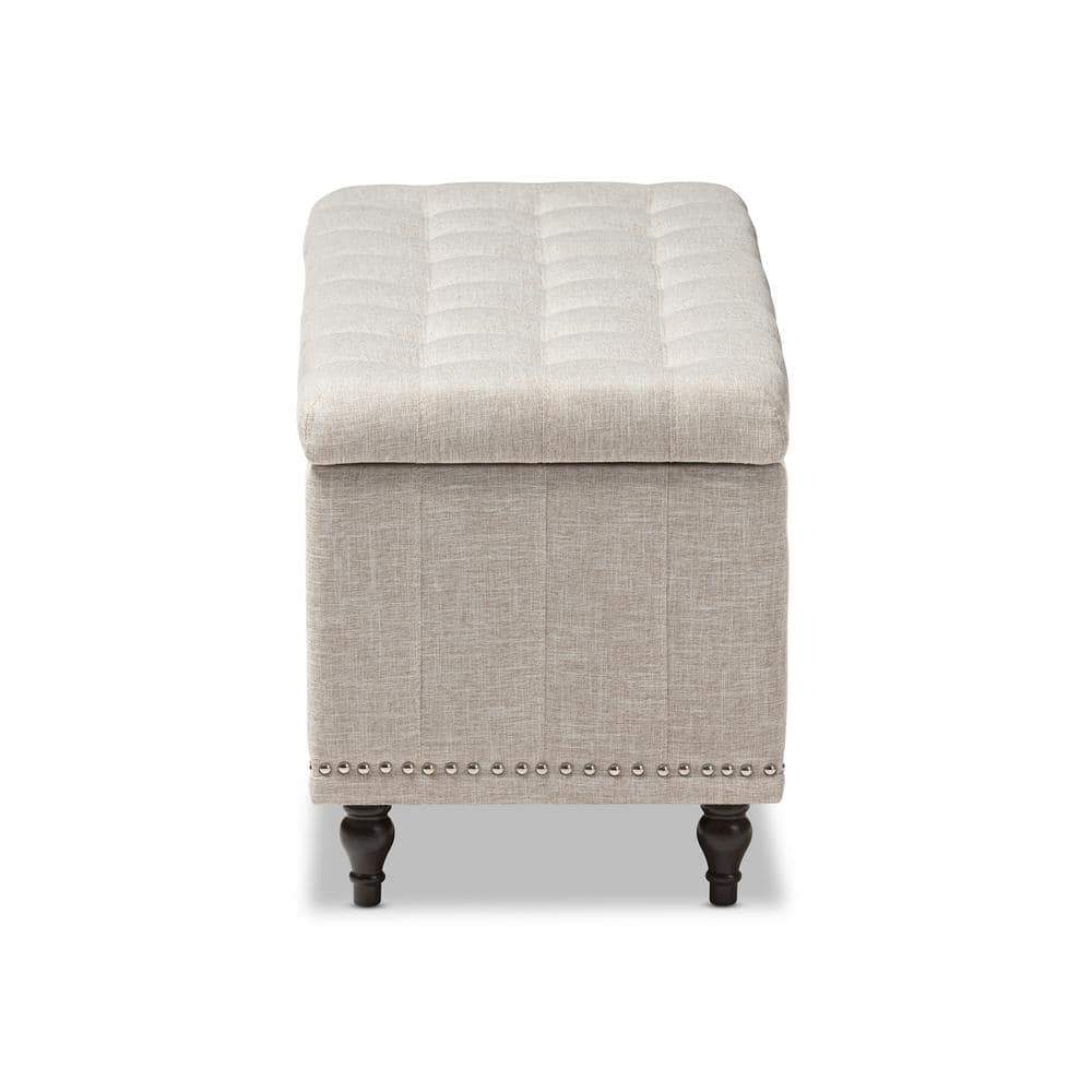 Kaylee Beige Button-Tufted Storage Ottoman Bench with Silver Nailheads