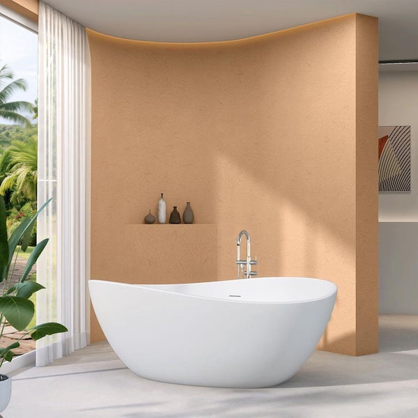 63 in. x 37.5 in. Free Standing Deep Soaking Double Slipper Bath Tub Oval Acrylic Freestanding Bathtubs in Matte White