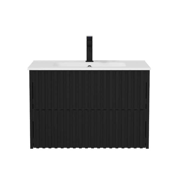 30 in. W x 18.3 in. D x 19.7 in. H Wall-Mounted Bath Vanity in Black with White Ceramic Top and Drain Faucet Set