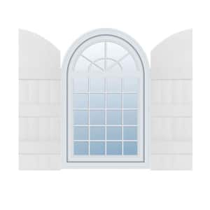 14 in. W x 94 in. H Vinyl Exterior Arch Top Joined Board and Batten Shutters Pair in White