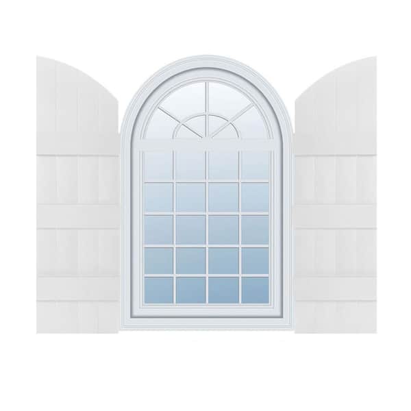 Builders Edge 14 in. W x 94 in. H Vinyl Exterior Arch Top Joined Board and Batten Shutters Pair in White