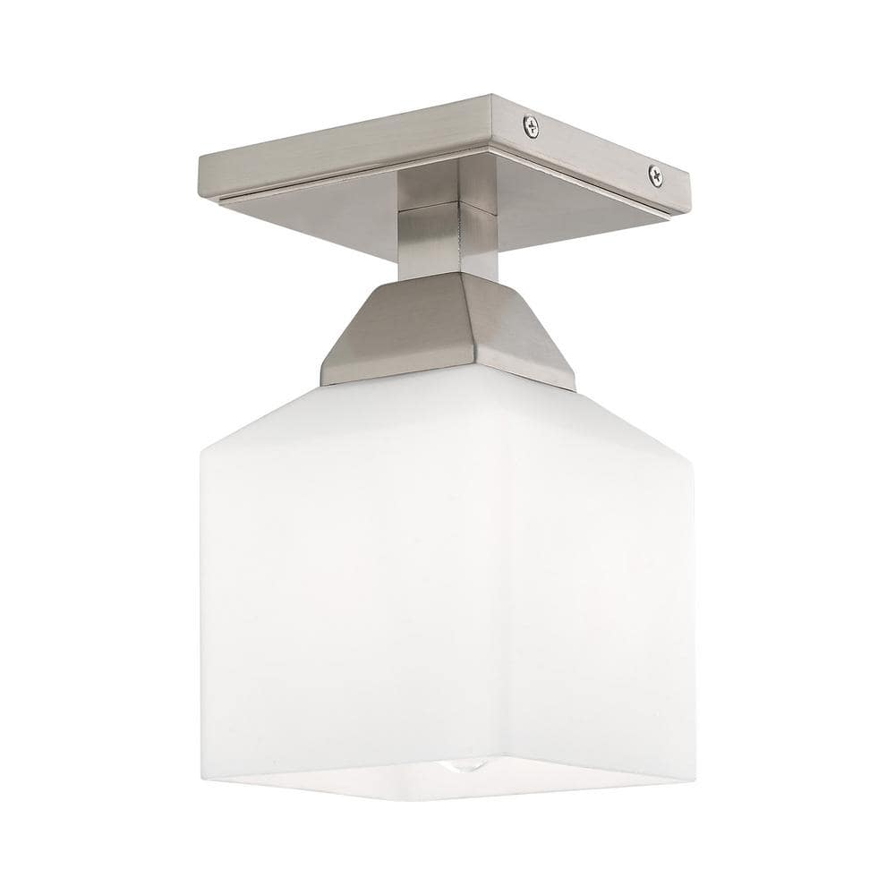 Lansford 4.75 in. 1-Light Brushed Nickel Semi Flush Mount with Satin Opal W