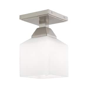Lansford 4.75 in. 1-Light Brushed Nickel Semi Flush Mount with Satin Opal White Glass