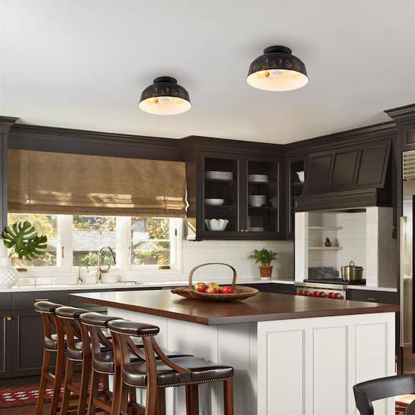 ZYZWMB 14 in. 2-Light Bowl Antique Black Semi-Flush Mount Light