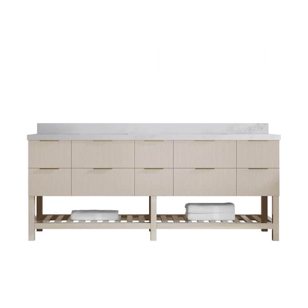 Willow Collections Catalina 84 in. Double Sink Freestanding Fine Grain Bath Vanity with Calacatta Nuvo Qt. Top Unassembled