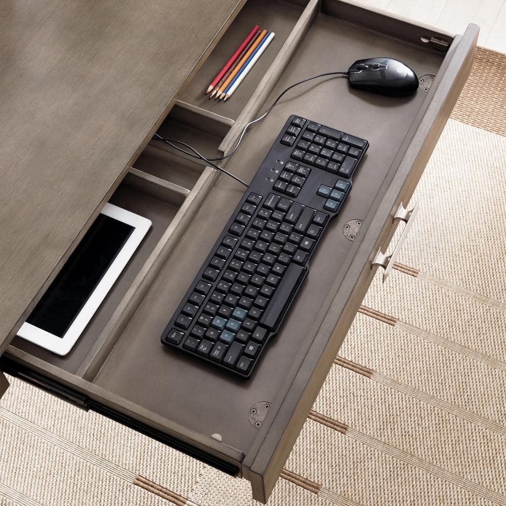 Modern Smoke Gray Wood and Silver Metal Desk with Keyboard Tray