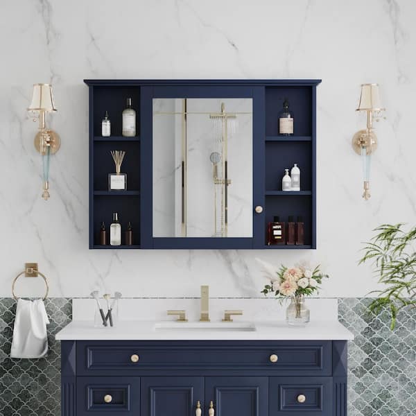 42 in. W x 30 in. H Rectangular Solid Wood Surface Mount Medicine Cabinet with Mirror,Soft-Closed Doors,Shelf,Navy Blue
