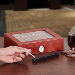 Cigar Humidor, Glass Top Cigar Humidor Box 5.9 in. H 11.4 in. W Wood Cigar Desktop Box Cigar Storage Case 10-25 Cigars