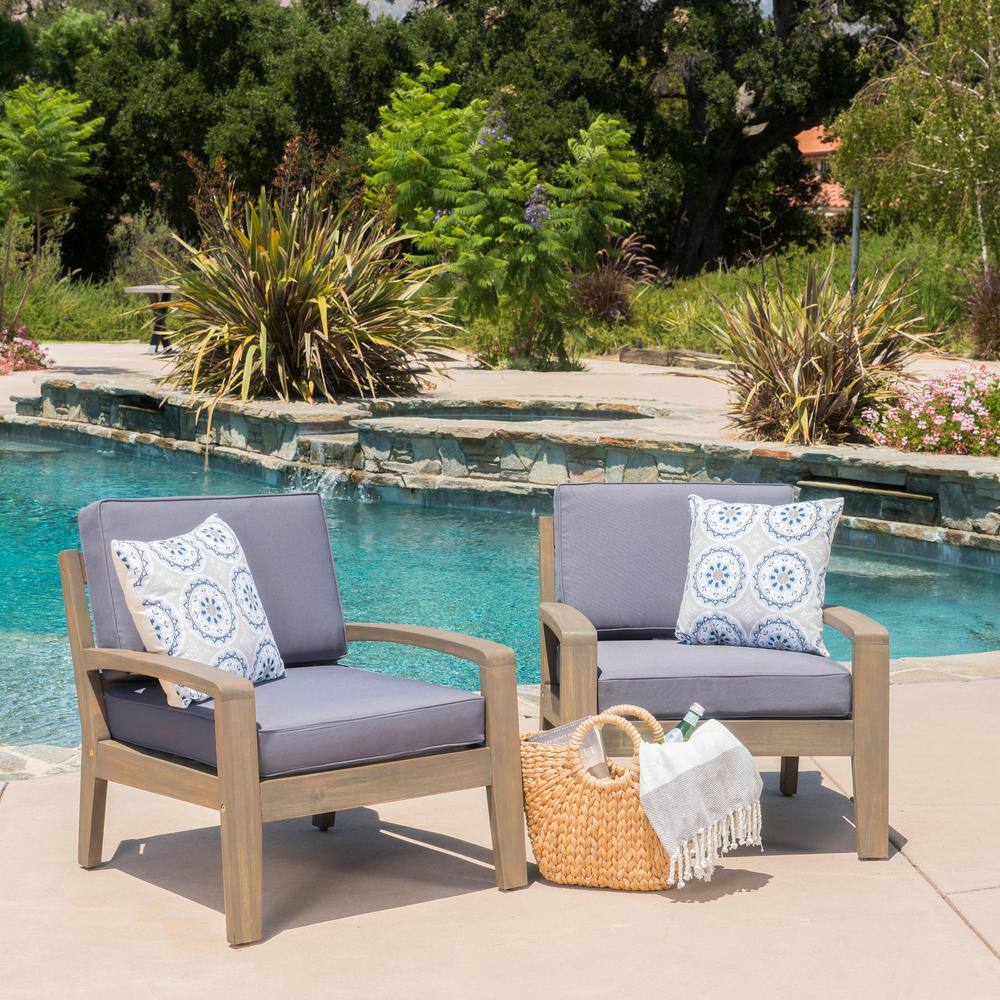 Transitional Acacia Wood Lounge Chairs with Water-Resistant Cushions, Set of 2