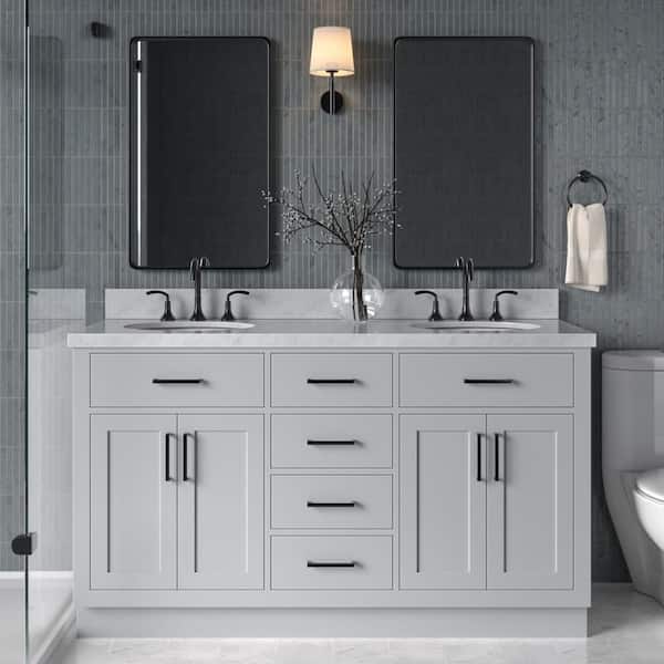 ARIEL Hepburn 61 in. W x 22 in. D x 36 in. H Bath Vanity in Grey with Carrara Marble Vanity Top in White with White Basins