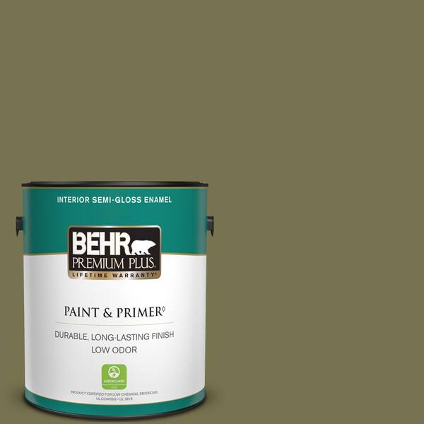 BEHR PREMIUM PLUS 1 gal. #S350-6 Truly Olive Semi-Gloss Enamel Low Odor Interior Paint & Primer