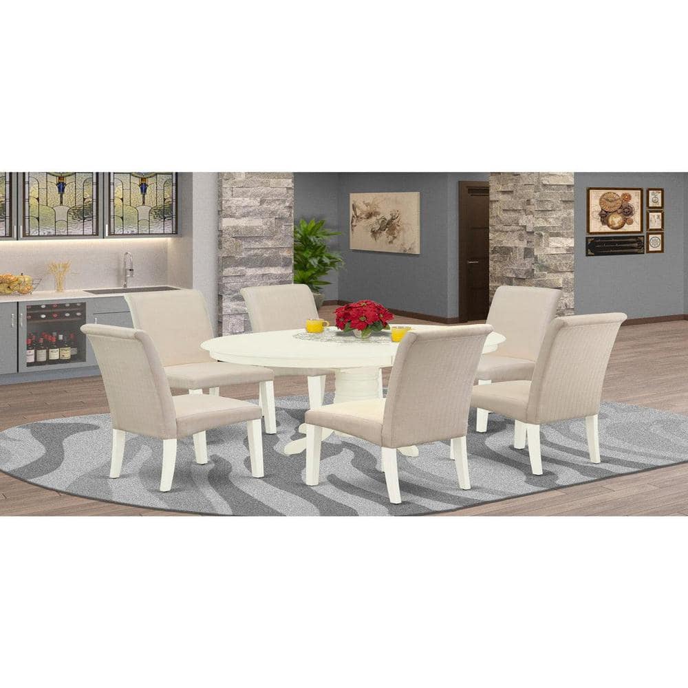 7-Piece Oval Linen White Finish Solid Wood Top Dining Table with 6 Parson-Chairs with Butterfly Leaf Lattice Back