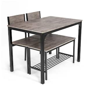 4-Pieces Rustic Dining Table Set with 2 Chairs and Bench-Gray
