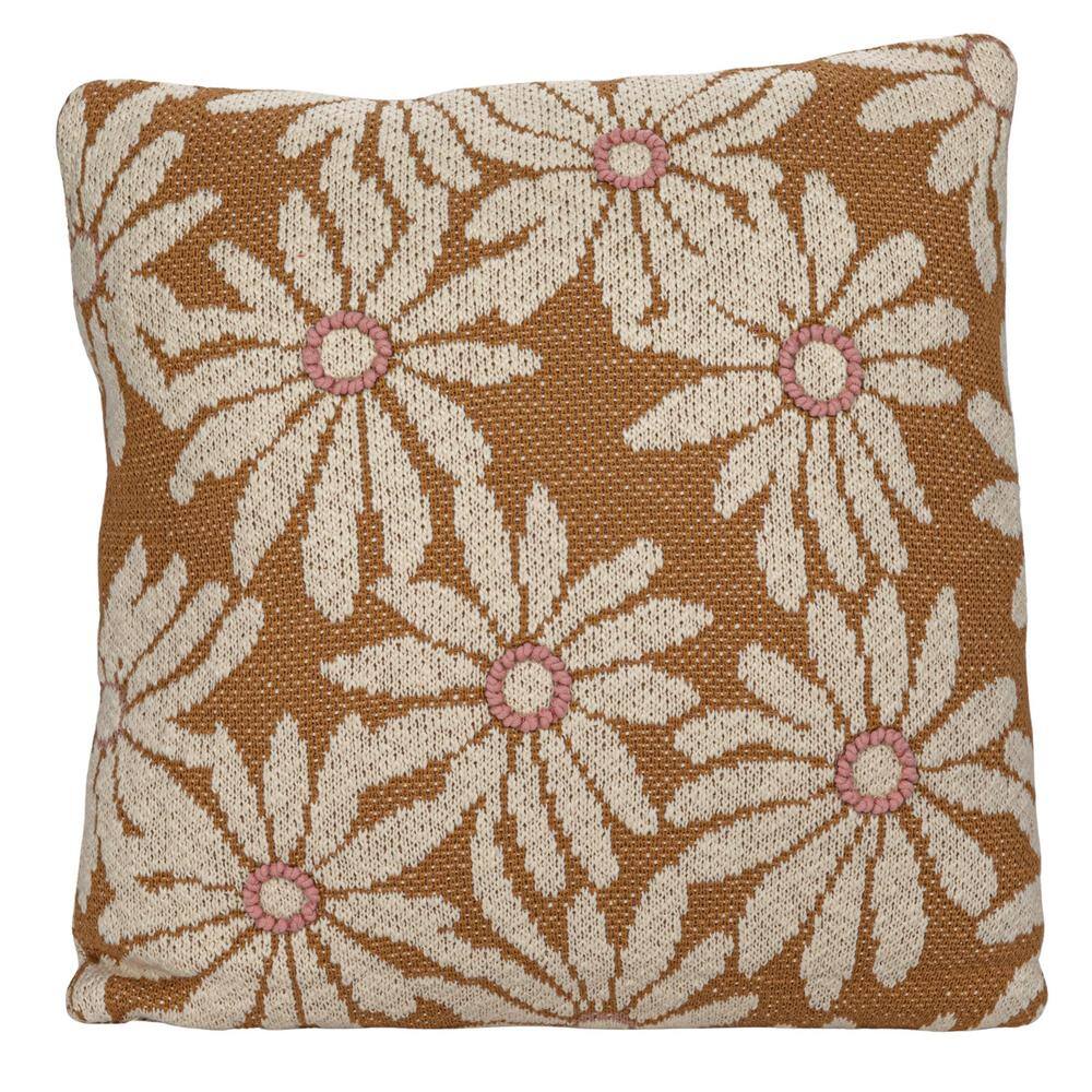 Mustard Cotton Knit Pillow with Pink Flower Appliques, 20" Square