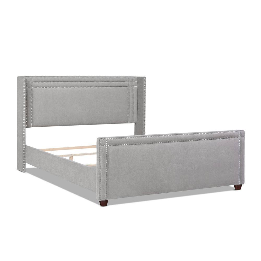 Elegant Silver Grey King Wingback Bed with Nailhead Trim and Pine Frame