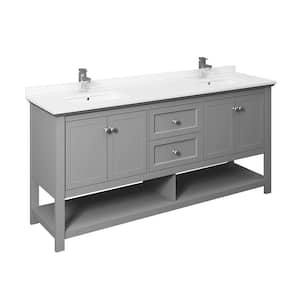 Manchester 72 in. W Bathroom Double Bowl Vanity in Gray with Quartz Stone Vanity Top in White with White Basins