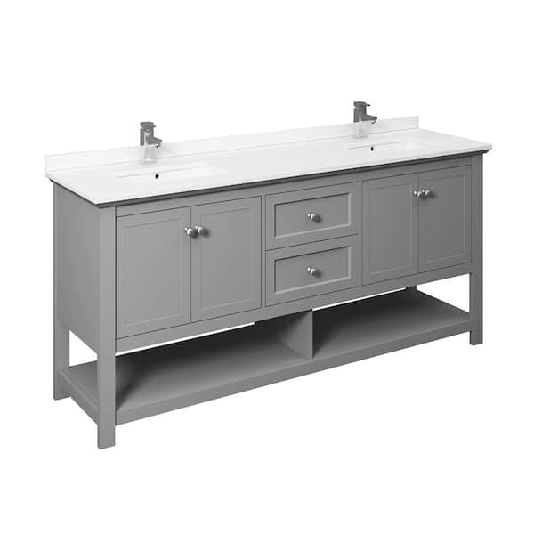Fresca Manchester 72 in. Double Sink Shaker-Style Gray Bath Vanity with White Quartz Top and Integrated Sink