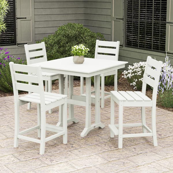 Grant Park White 5-Piece HDPE Plastic Side Chair Farmhouse Trestle Counter Set