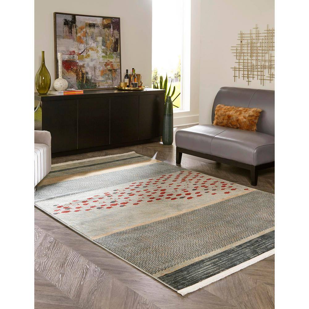 Blue and Beige Striped Synthetic 5' x 8' Area Rug