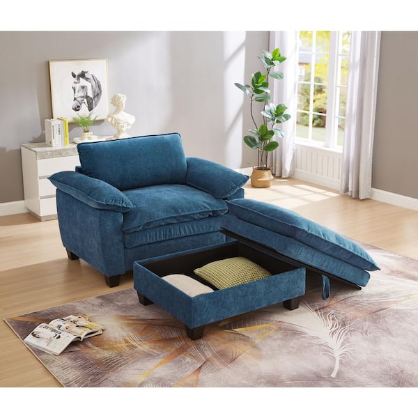 Harper & Bright Designs Oversize Blue 51 in Chenille Upholstered Single Arm Chair, Chaise Lounge Chair with Storage Ottoman, 2-Layer Cushions
