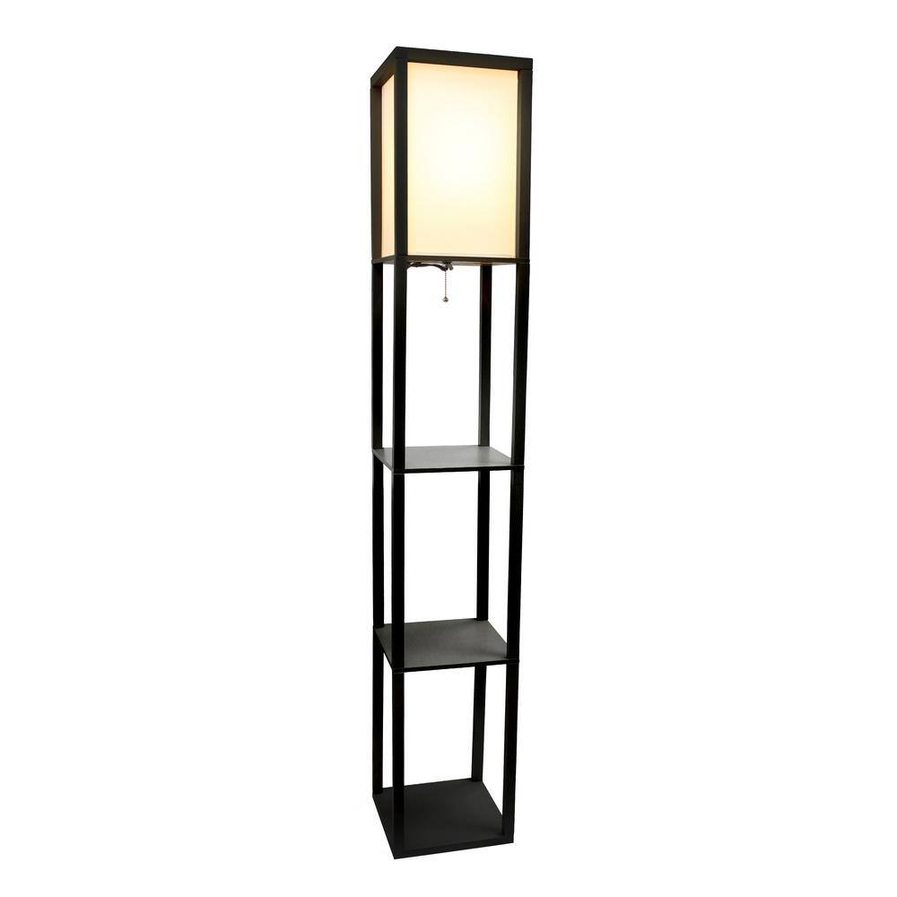 Black Rectangular Floor Lamp with Shelves and Linen Shade
