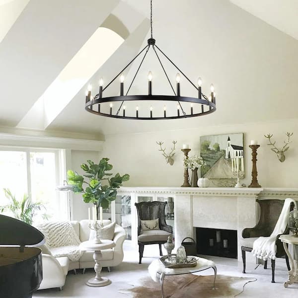 LynPon 47 in. 20-Lights Large Candle Black Wagon Wheel Chandelier