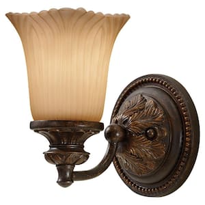 Emma 5.5 in. W x 8 in. H 1-Light Grecian Bronze Sconce with Cream Etched Glass Shade and Vintage Ornate Backplate