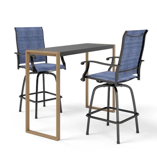 Black 3-Piece Metal Rectangle Outdoor Patio Bar Set with Sea Stone Tabletop Design and Swivel Bistro Chairs
