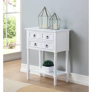 Kendra 23.75 in. White Standard Rectangle Wood Console Table with 3 Drawers and Shelf