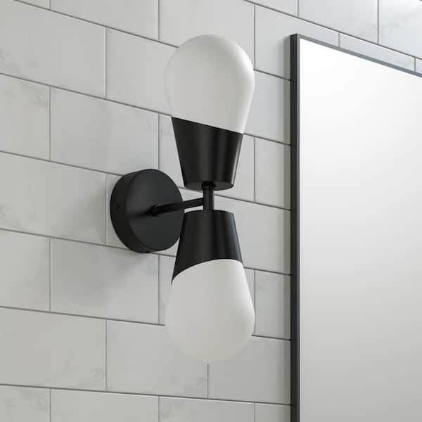 Washington 2-Light 5 in. x 18.1 in. Modern Matte Black Dimmable 3-CCT LED Vanity Light with White Glass