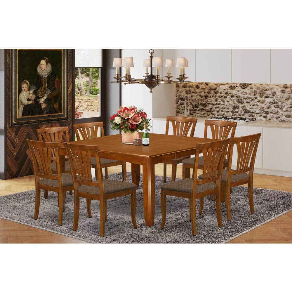 Saddle Brown Square Wood Dining Table with 8 Linen Chairs