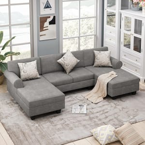 116 in. Rolled Arm Chenille U Shaped Modern Sofa in Gray with Storage Chaises and 3 Pillows