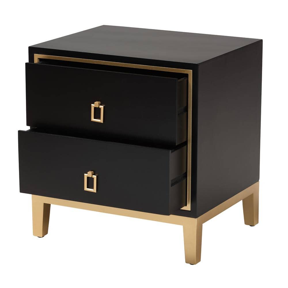 Donald Black and Gold Wood Metal 2-Drawer End Table