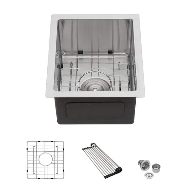 ANGELES HOME 13 in L x 15 in. W x 9 in. D Undermount Single Bowl 16-Gauge Brushed Nickel Stainless Steel Kitchen Sink