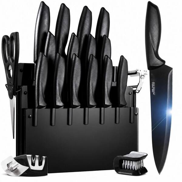 20-Piece High Carbon Stainless Steel Kitchen Knife Set with Acrylic Cutlery Block and Sharpener, Black