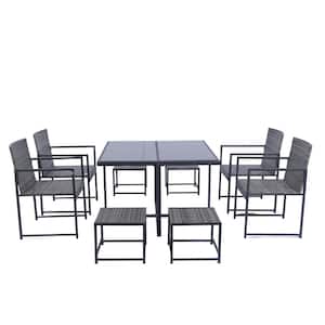 9-Piece Patio Space Saving Rattan Wicker Outdoor Dining Set with Glass Table Top and Dark Gray Cushions