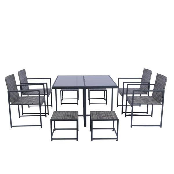 ITOPFOX 9-Piece Patio Space Saving Rattan Wicker Outdoor Dining Set with Glass Table Top and Dark Gray Cushions