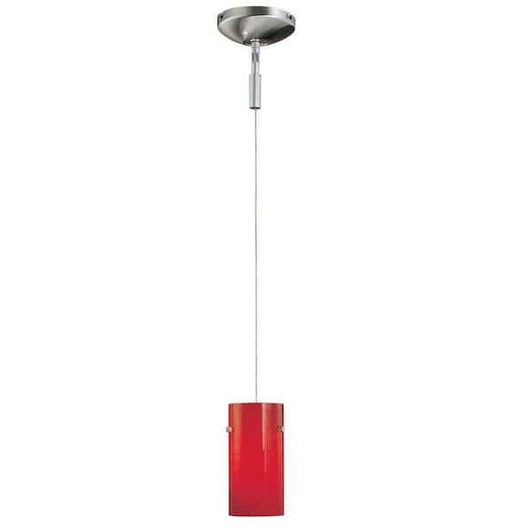Hampton Bay 1-Light Brushed Nickel Mini Pendant with Red Frosted Glass Shade