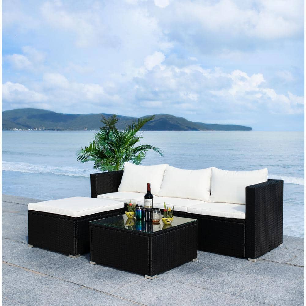 Transitional 3-Person Beige and Black Outdoor Conversation Set
