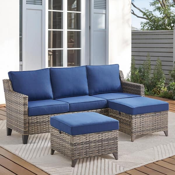 Buenaola Nyajiah 3-Piece Wicker Patio Conversation Set with Blue Cushions