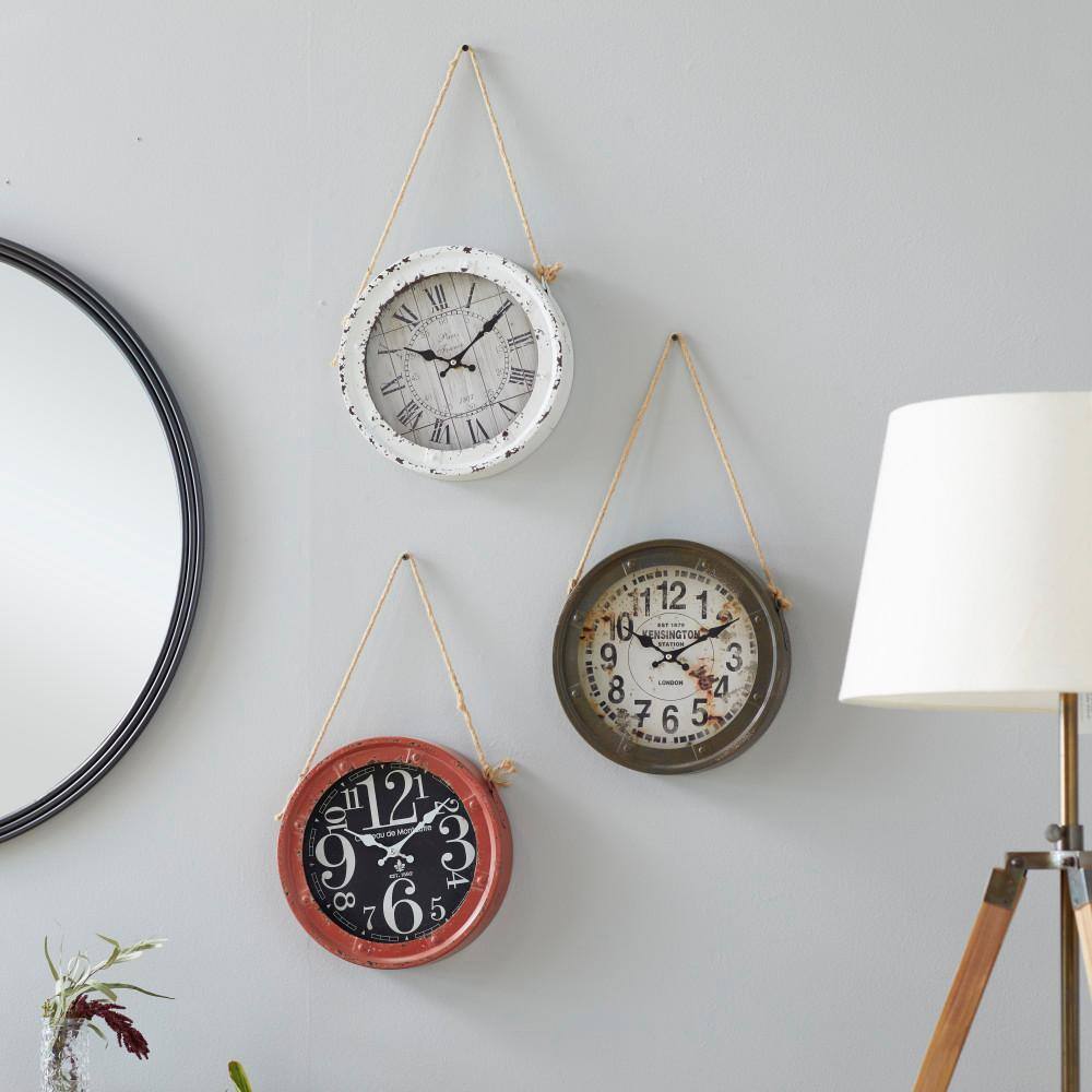 Vintage Round Metal Wall Clocks with Rope Hangers, Set of 3