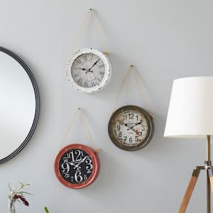 White Metal Analog Wall Clock with Rope accents (Set of 3)