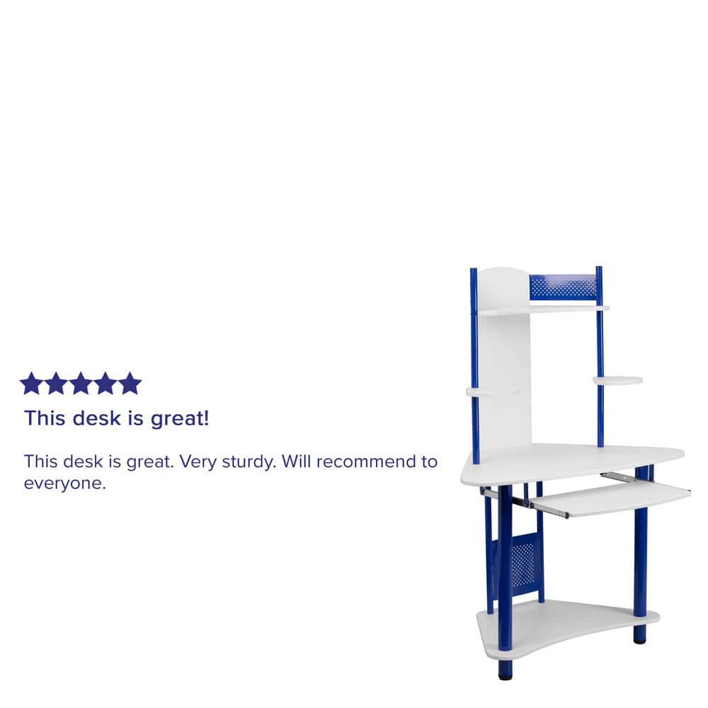 Compact Blue and White Corner Computer Desk with Integrated Hutch