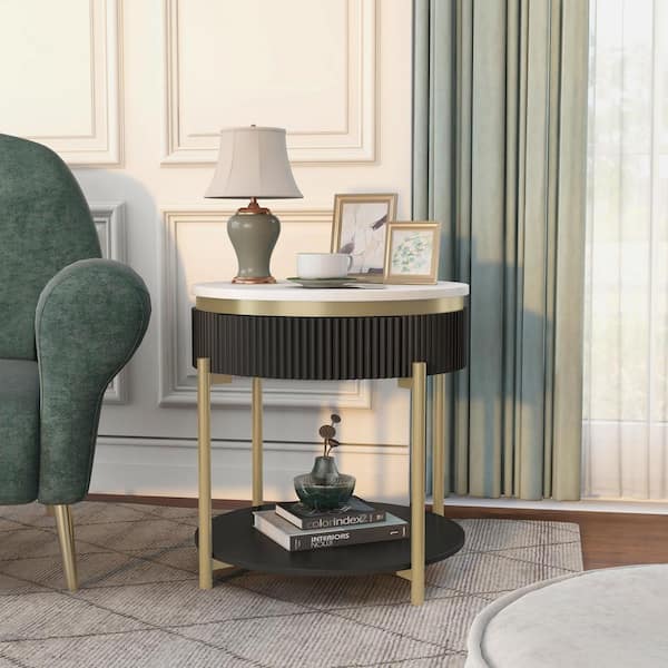 Kivelle 23 in. Dark Walnut and White Round Wood End Table with Drawer