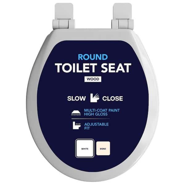 Round Slow-Close Toilet Seat with Adjustable Hinges in White Molded Wood,  Standard Size Fit