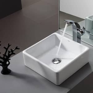 Square Ceramic Vessel Bathroom Sink in White with Pop Up Drain in Chrome