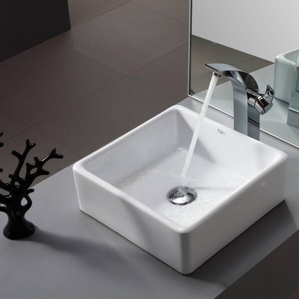 KRAUS Square Ceramic Vessel Bathroom Sink in White with Pop Up Drain in ...