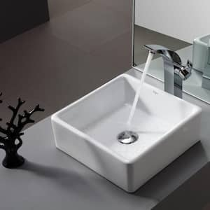 Elavo 15 in. Square Vessel Bathroom Sink in White Vitreous China with Pop Up Drain in Chrome