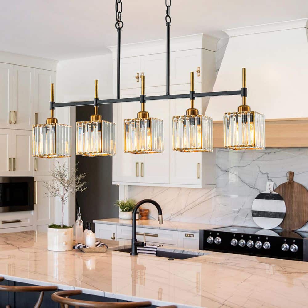 Orillia 5-Light Black and Gold Modern Contemporary Kitchen Island Pendant Light Linear Chandelier with Crystal Shades price history on PriceWatchPro